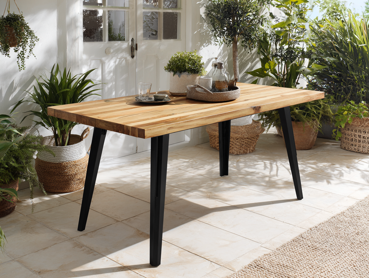 Table de jardin - bois-métal - 200x95x74 cm - marron-noir - style contemporain-Roomupden