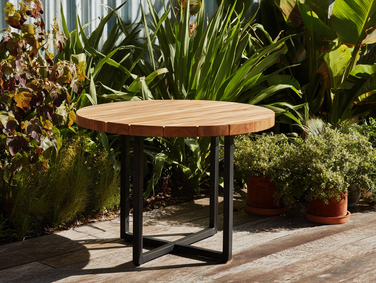 Table de jardin ronde - bois-métal - 120x120x75 cm - marron naturel-noir - style contemporain-Roomupden