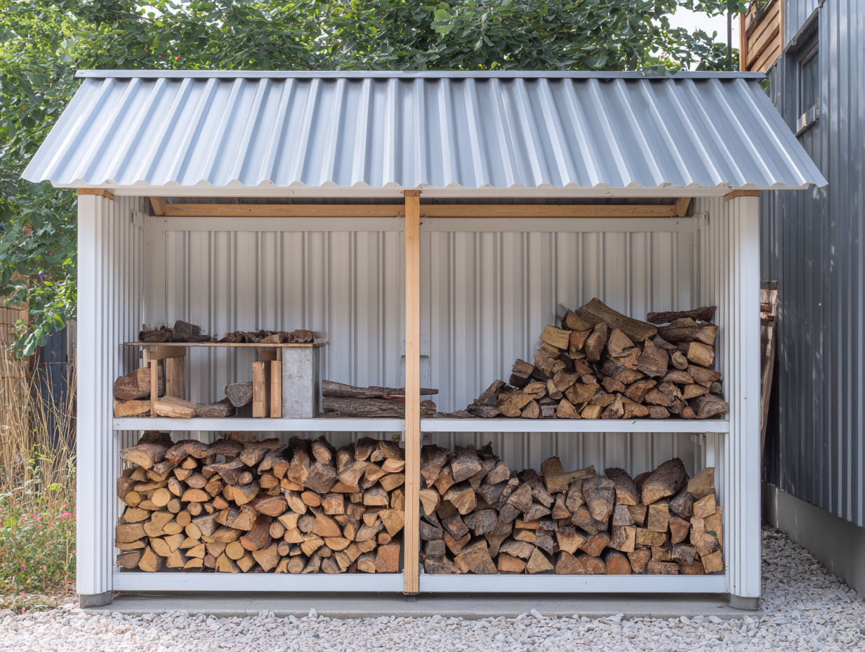 Abri à bûches - bois-métal - 310x100x185 cm - gris clair - style contemporain-Roomupden