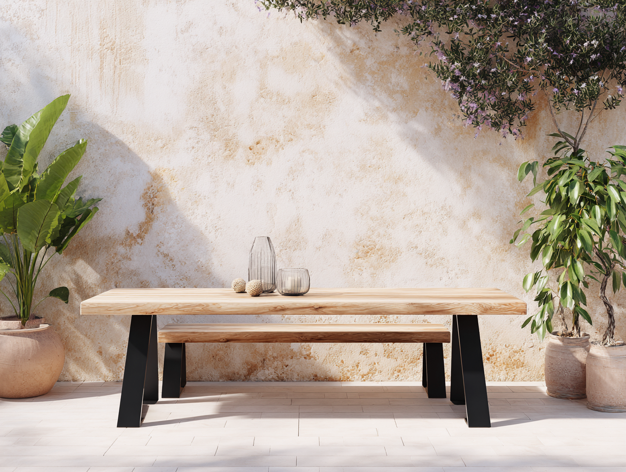 Table de jardin - bois-métal - 220x100x75 cm - marron-noir - style contemporain-Roomupden