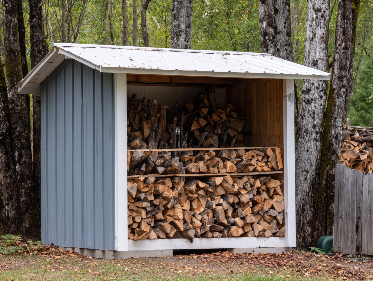 Abri à bûches - bois-métal - 220x85x190 cm - gris clair - style rustique-Roomupden