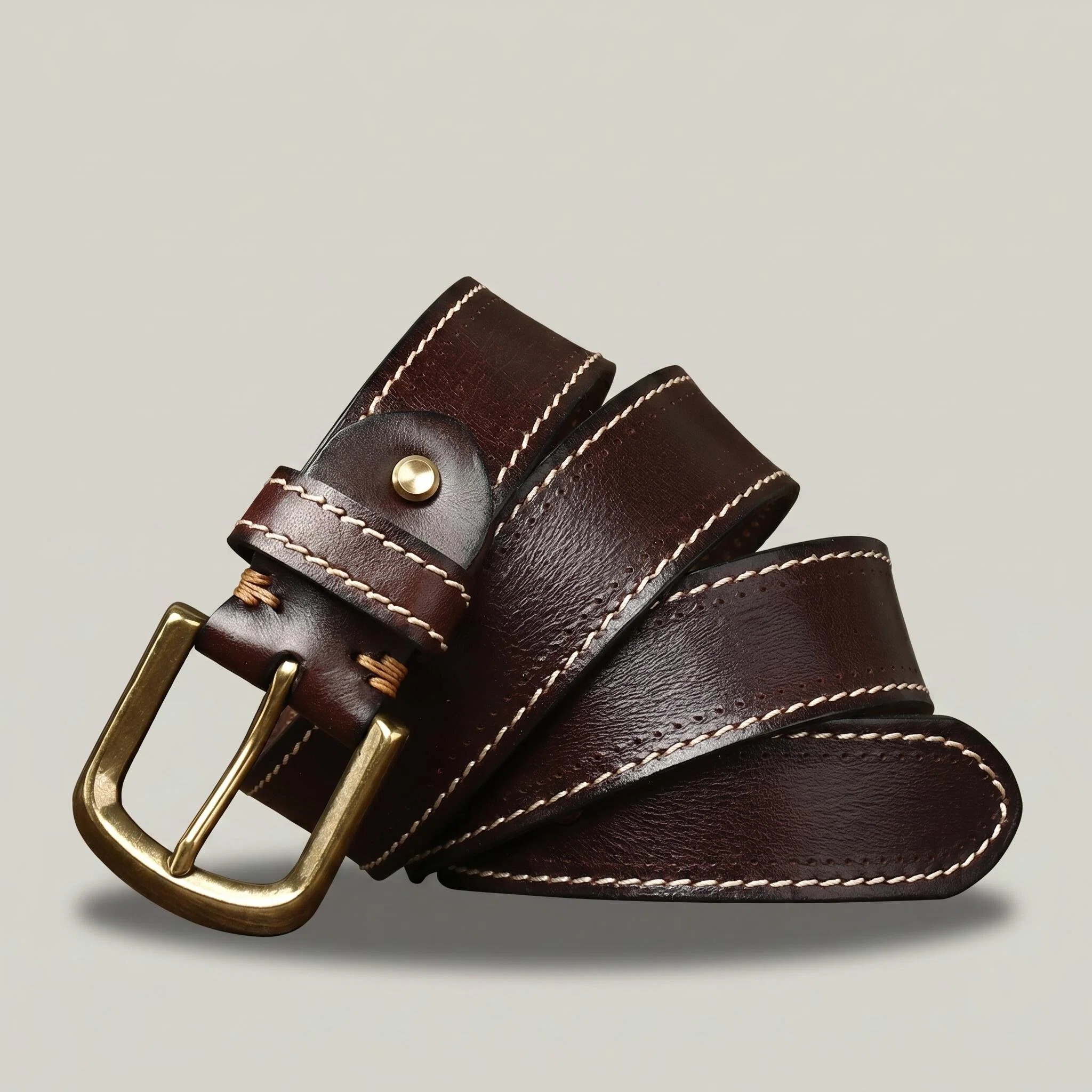 Full-Grain Leather Belt with Antique Brass Buckle — Handcrafted Vintage Style, Contrast Stitching