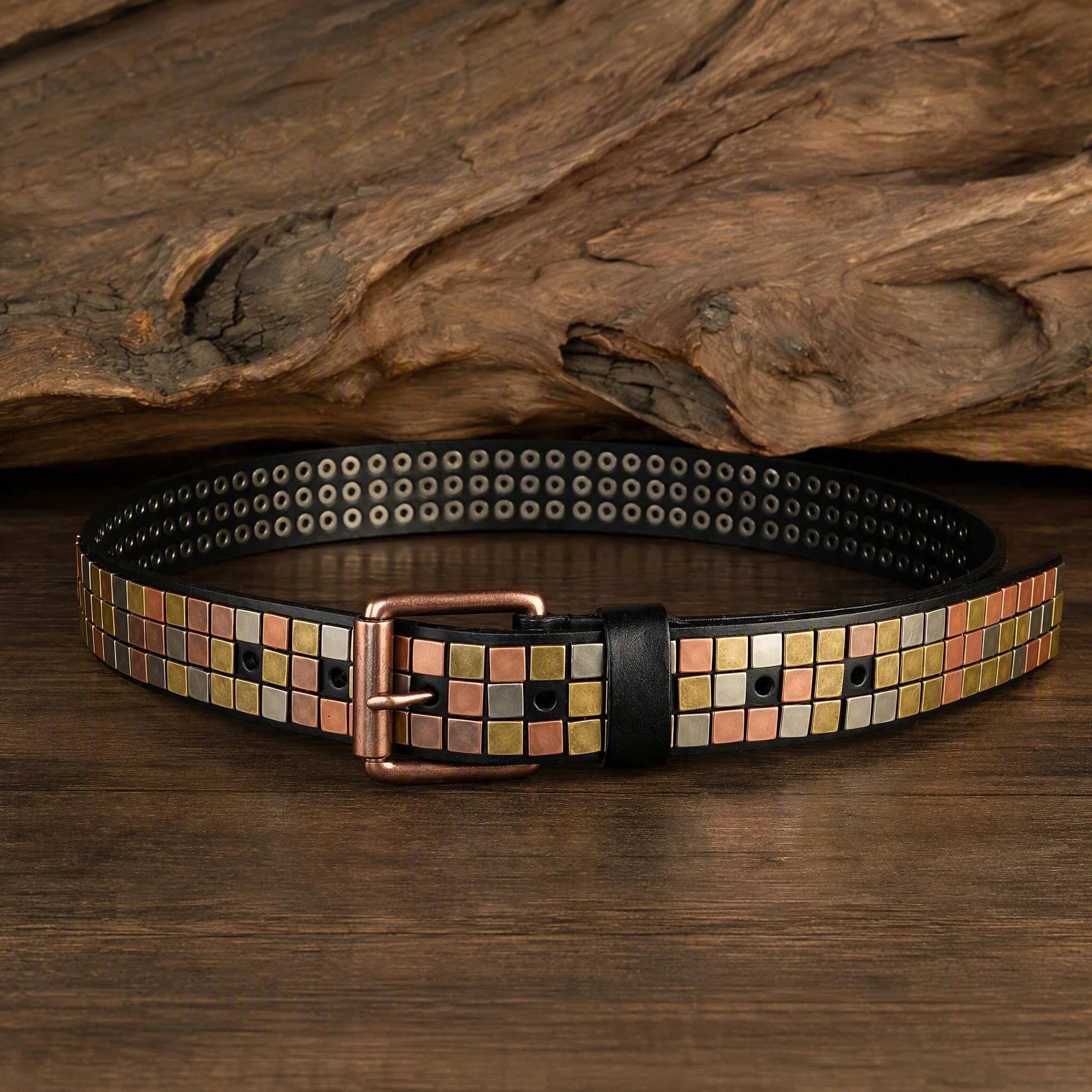 Western Mosaic Leather Belt — Hand-Set Metal Studs, Antique Buckle