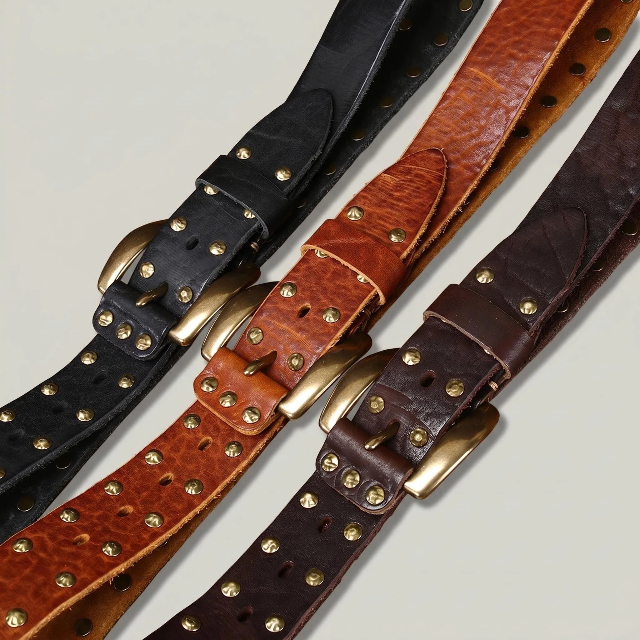   Punk Studded Leather Belt — Double-Row Brass Rivets