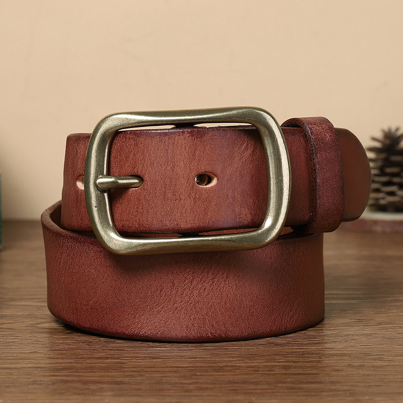 Vintage Hand Rubbed Leather Belt Men, Brass Pin Buckle Genuine Cowhide Waist Belt