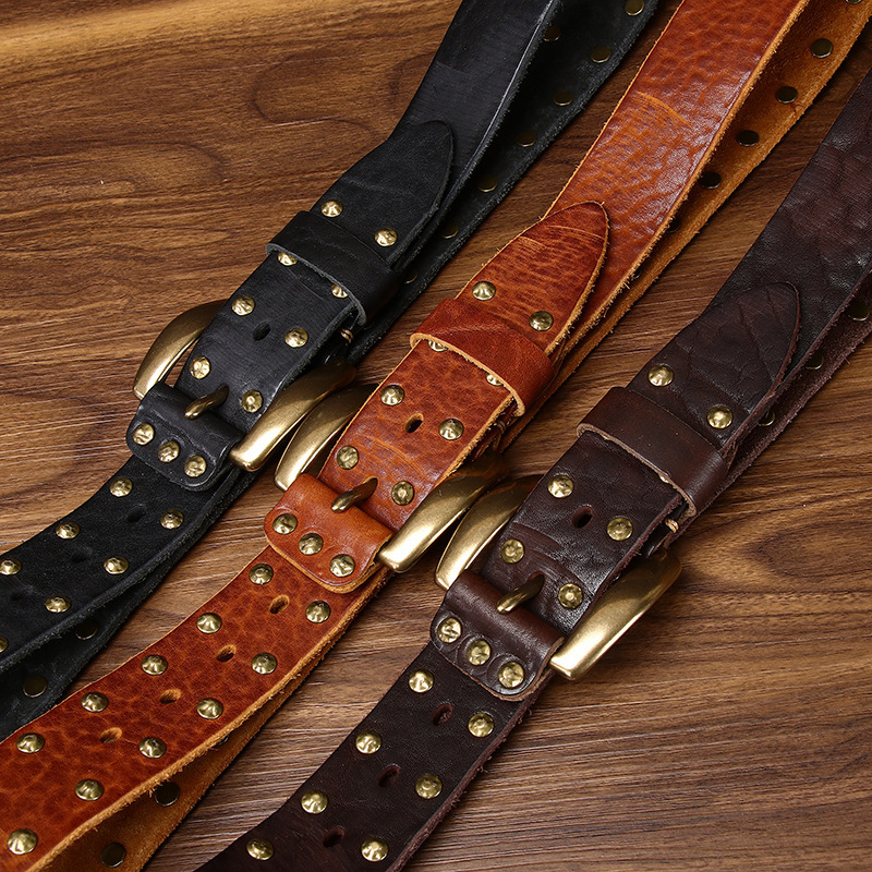 Punk studded leather belt in black tan and dark brown with double-row brass rivets