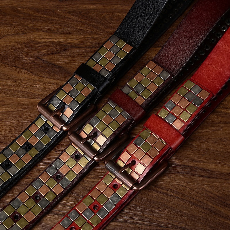 Western Mosaic Leather Belt — Hand-Set Metal Studs, Antique Buckle