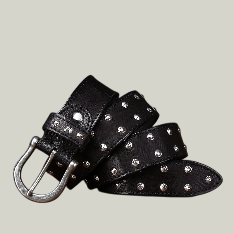Western Studded Leather Belt — Full-Grain Cowhide, Hand-Set Silver Alloy Studs