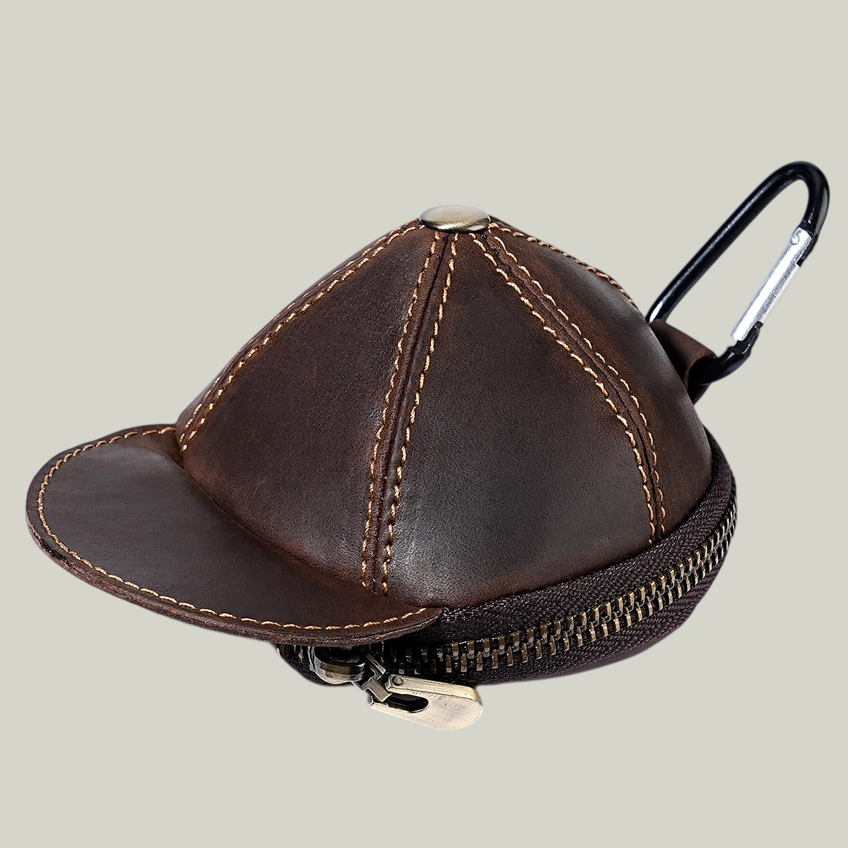  Handmade Leather Baseball Cap Coin Pouch — Crazy Horse Leather, Carabiner Clip