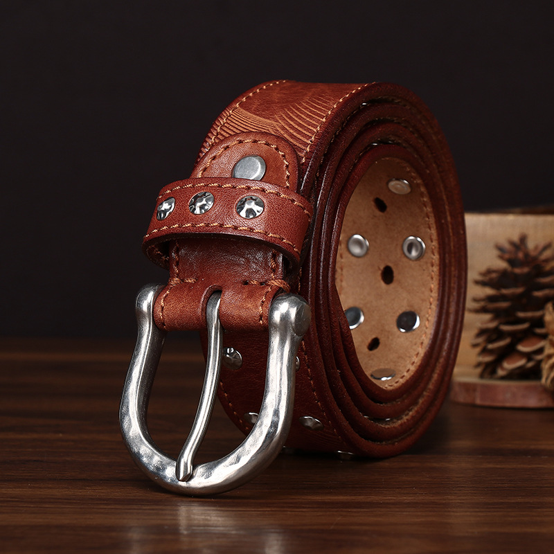 Western Studded Leather Belt — Full-Grain Cowhide, Hand-Set Silver Alloy Studs