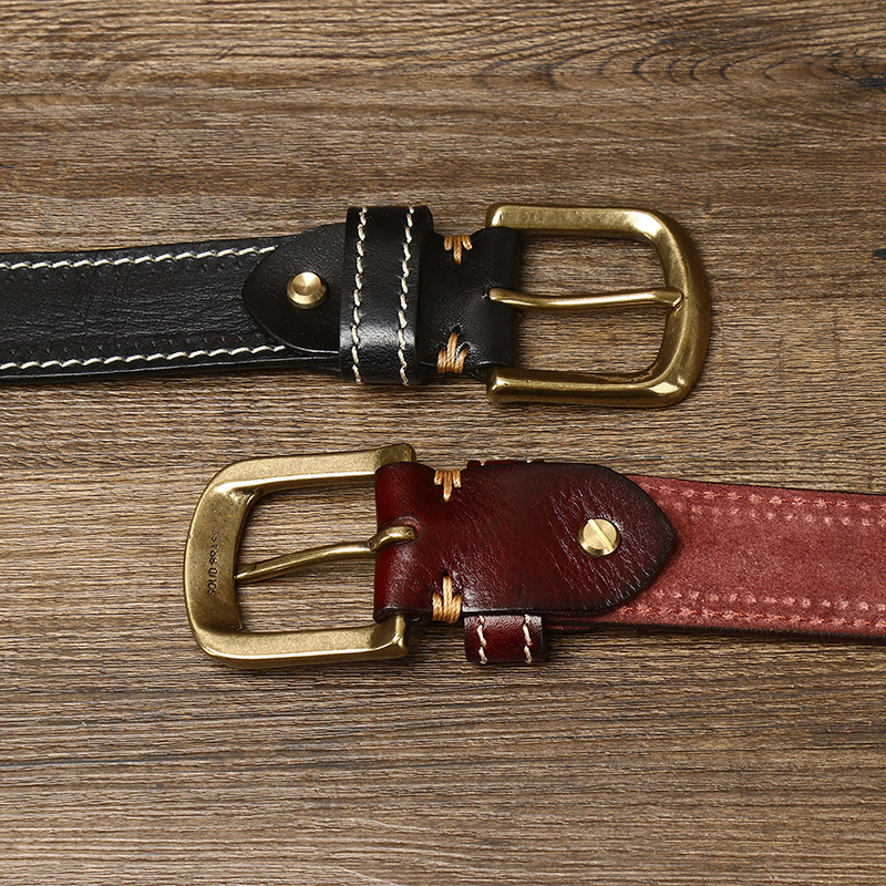 Full-Grain Leather Belt with Antique Brass Buckle — Handcrafted Vintage Style, Contrast Stitching