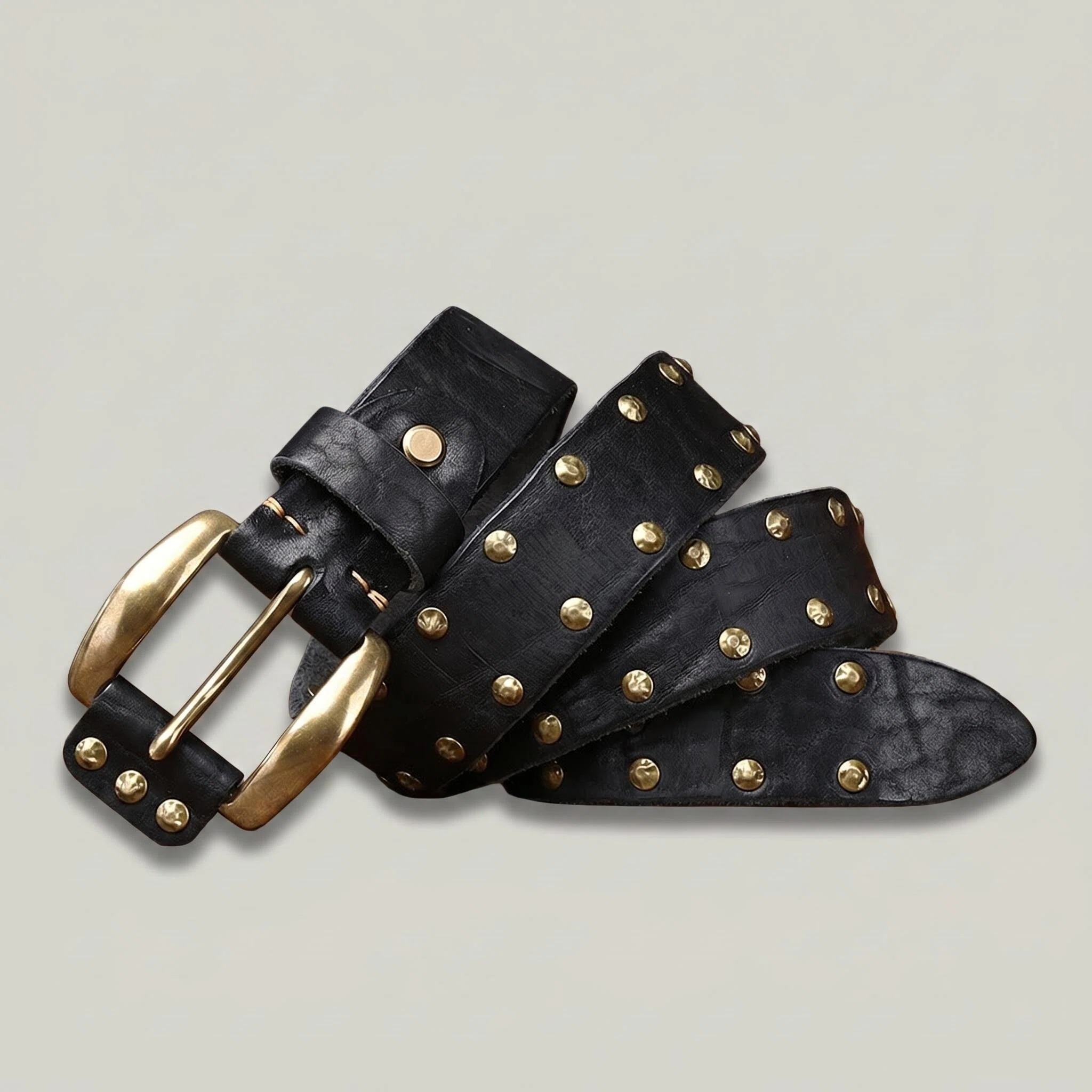 Punk Studded Leather Belt — Double-Row Brass Rivets – POP CUIR