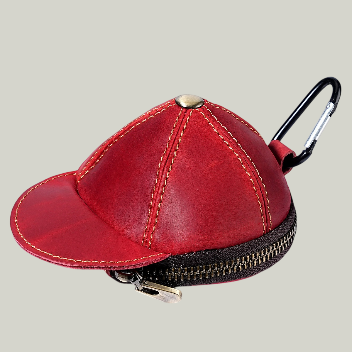  Handmade Leather Baseball Cap Coin Pouch — Crazy Horse Leather, Carabiner Clip