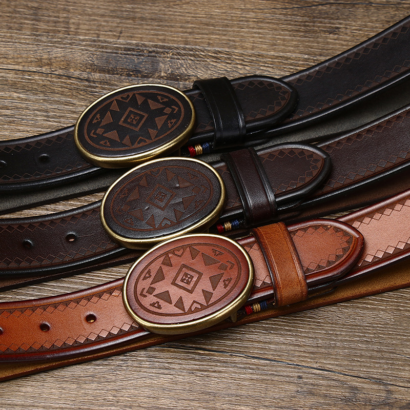  Aztec Laser-Engraved Full-Grain Leather Belt — Vintage Oval Buckle
