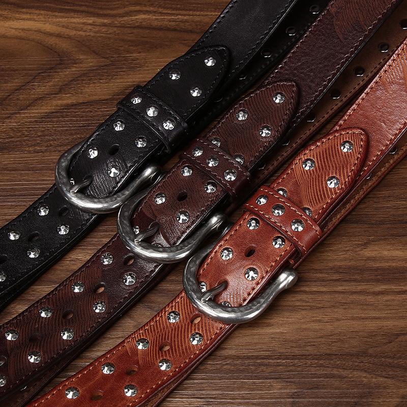 Western Studded Leather Belt — Full-Grain Cowhide, Hand-Set Silver Alloy Studs