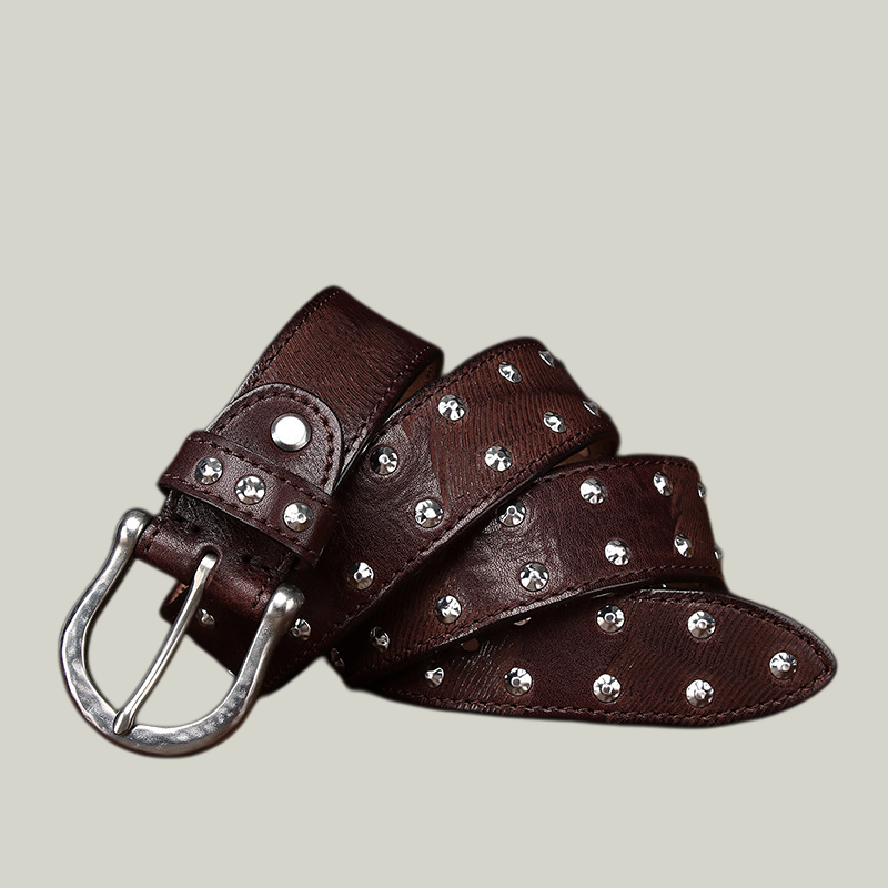 Western Studded Leather Belt — Full-Grain Cowhide, Hand-Set Silver Alloy Studs