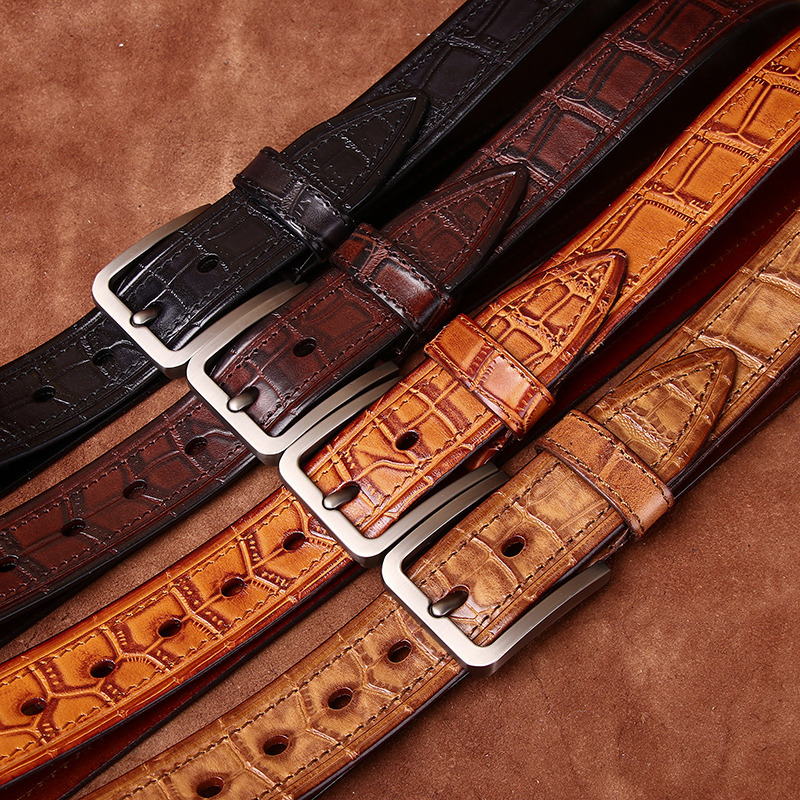 Premium Crocodile-Texture Leather Belt — Italian Cowhide, Solid Brass Buckle