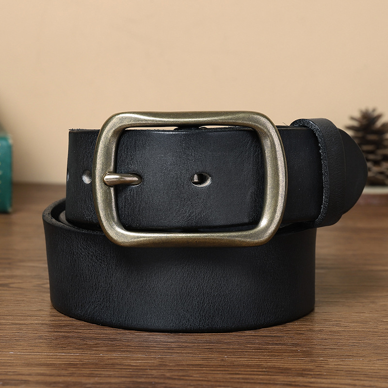 Vintage Hand Rubbed Leather Belt Men, Brass Pin Buckle Genuine Cowhide Waist Belt