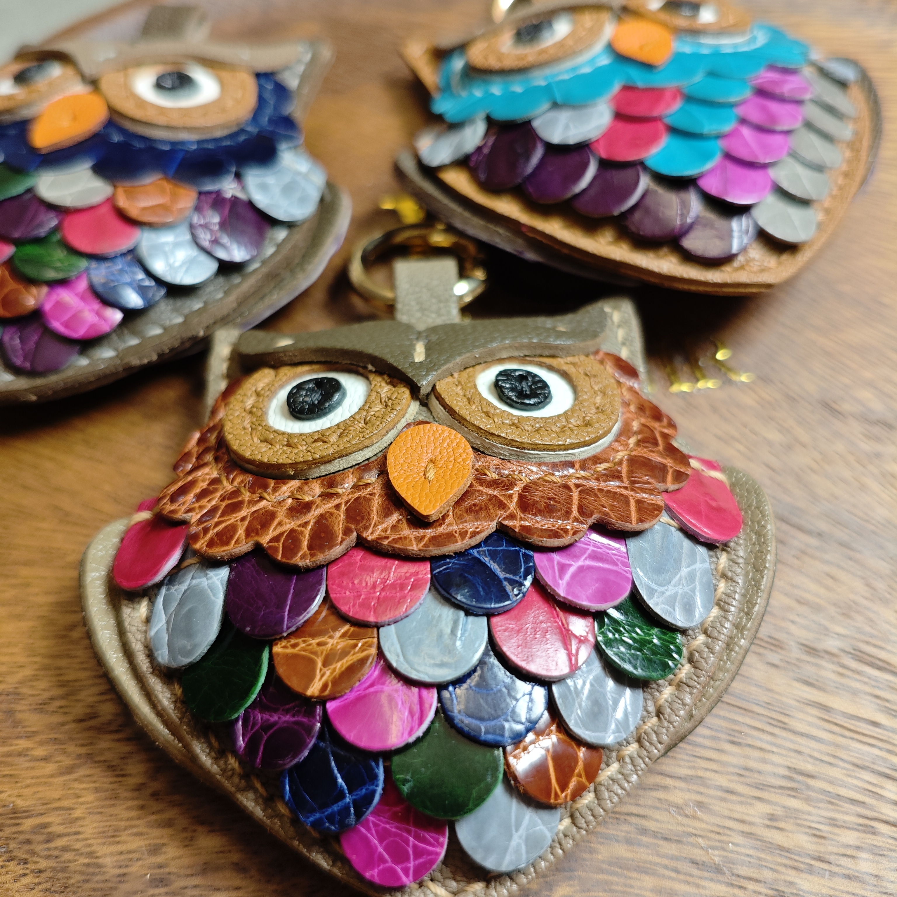 Handmade Leather Owl Keychain — French Goatskin & Alligator, One-of-a-Kind