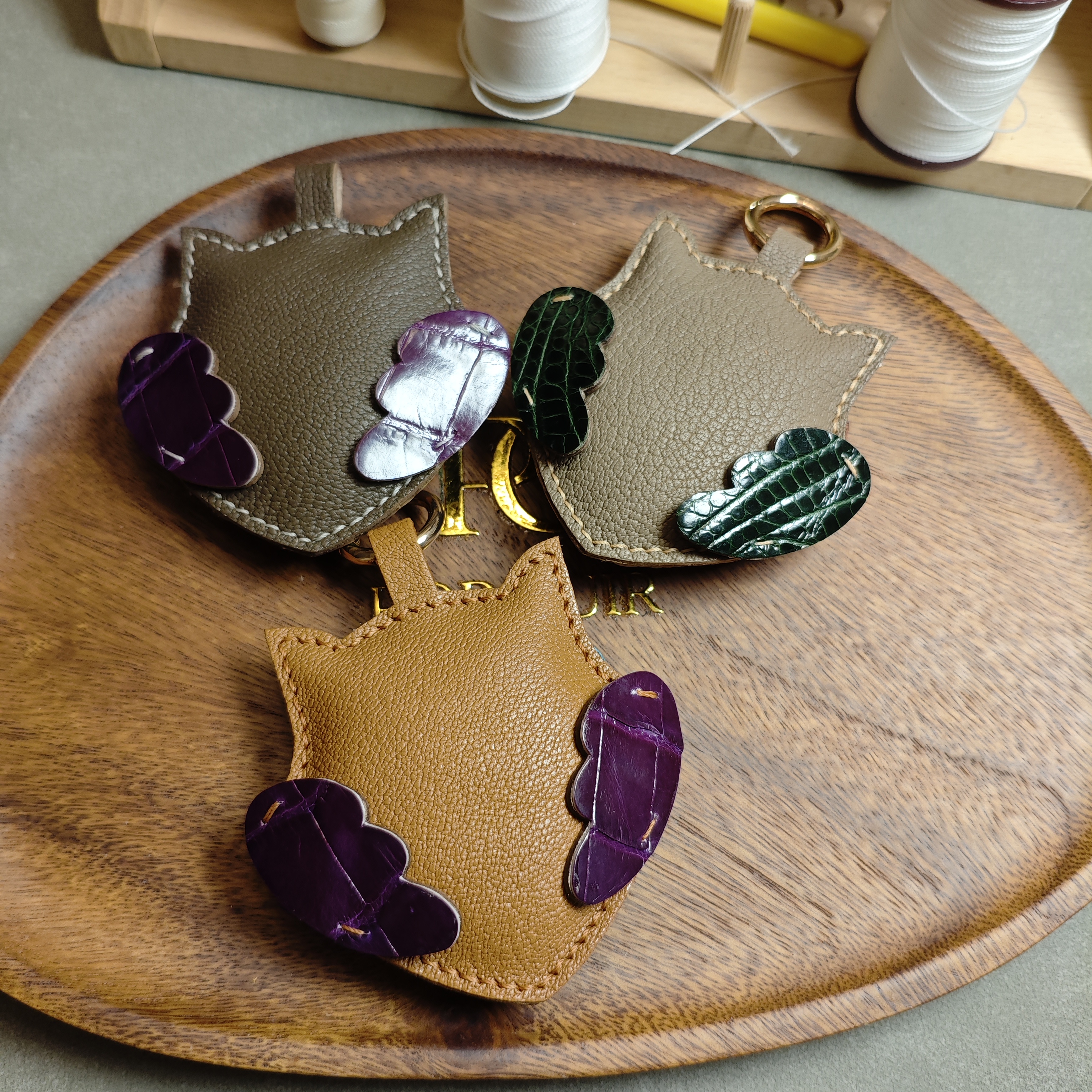 Handmade Leather Owl Keychain — French Goatskin & Alligator, One-of-a-Kind