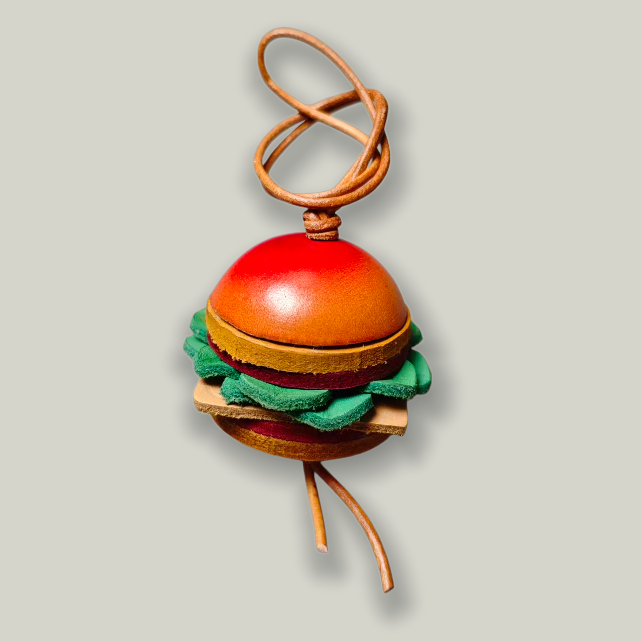 Handmade Veg-Tanned Leather Hamburger Charm - 4cm Adorable Bag Clip & Keychain Accessory