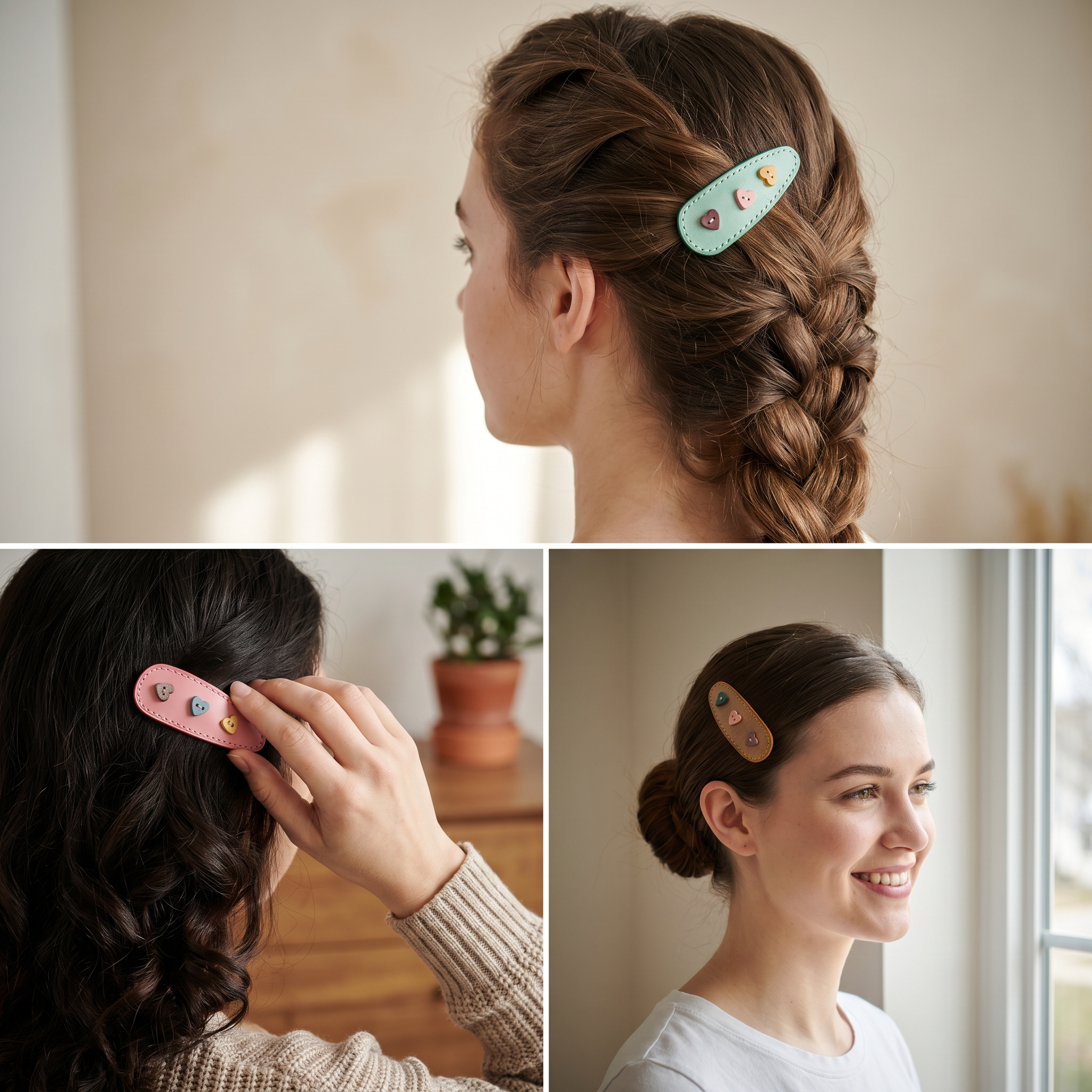 Handmade Vegetable Tanned Leather Hair Clip with Heart Buttons, 8cm Boho Cowhide Snap Barrette, Genuine Leather Hair Accessory for Women and Girls-POP CUIR