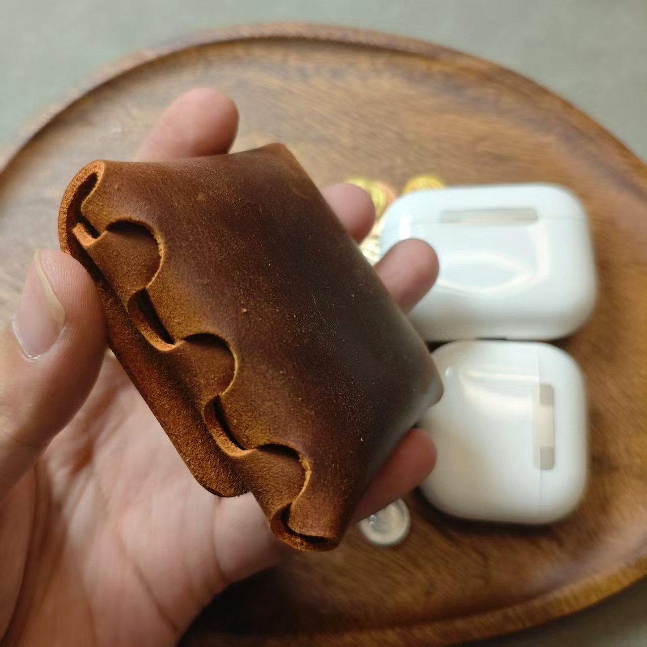 Crazy Horse Leather AirPods Case — One-Piece Seamless Pouch with Brass Snap