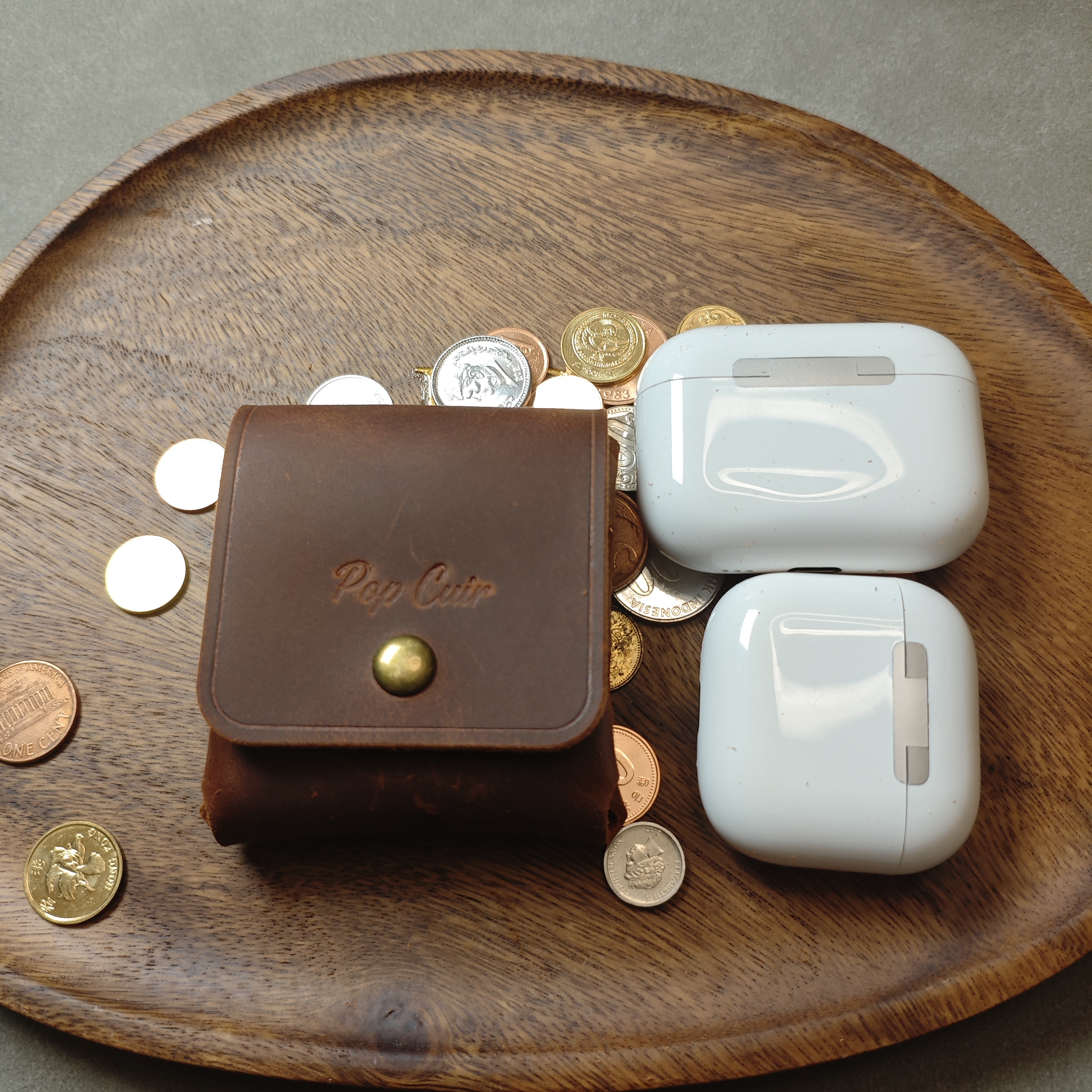 Crazy Horse Leather AirPods Case — One-Piece Seamless Pouch with Brass Snap
