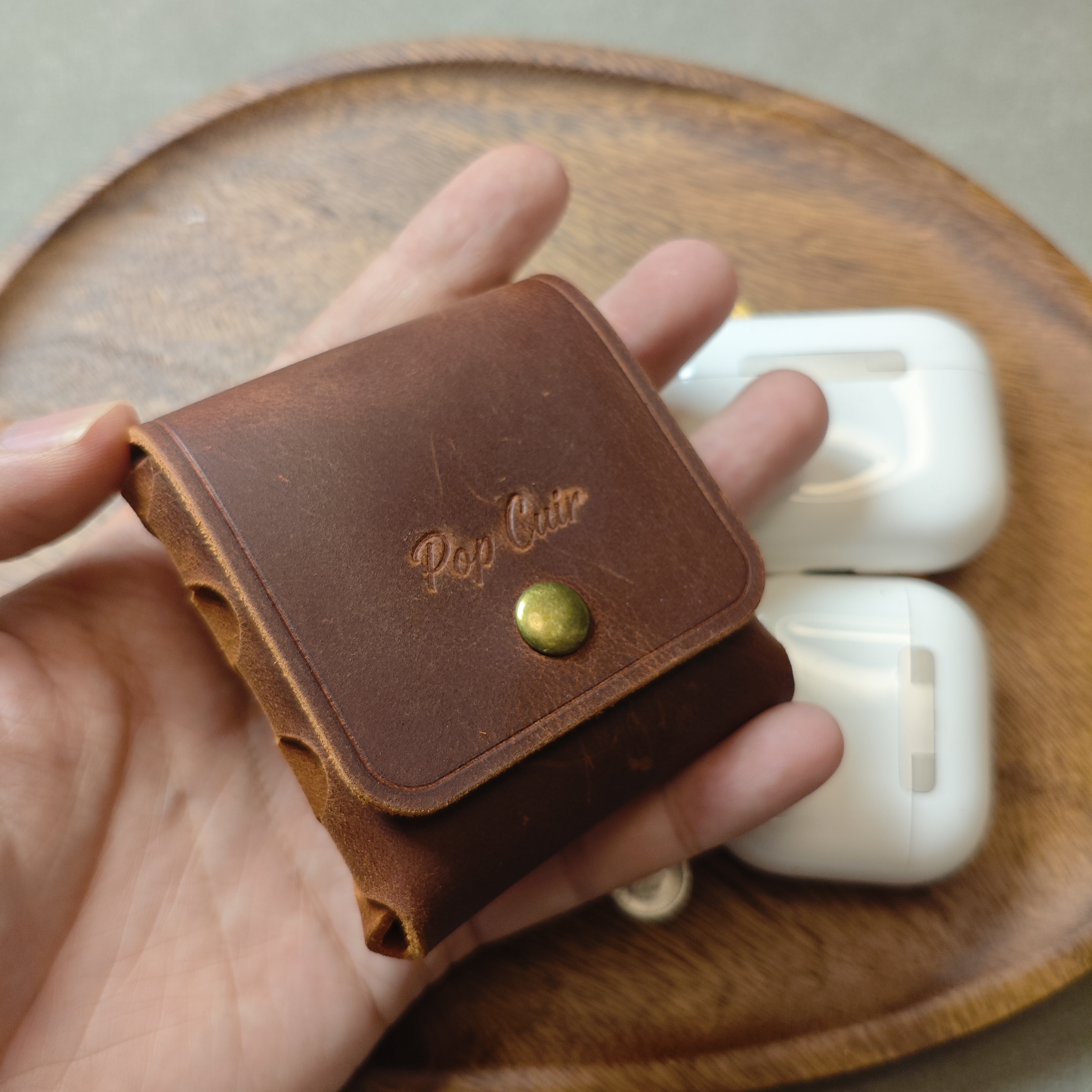Crazy Horse Leather AirPods Case — One-Piece Seamless Pouch with Brass Snap