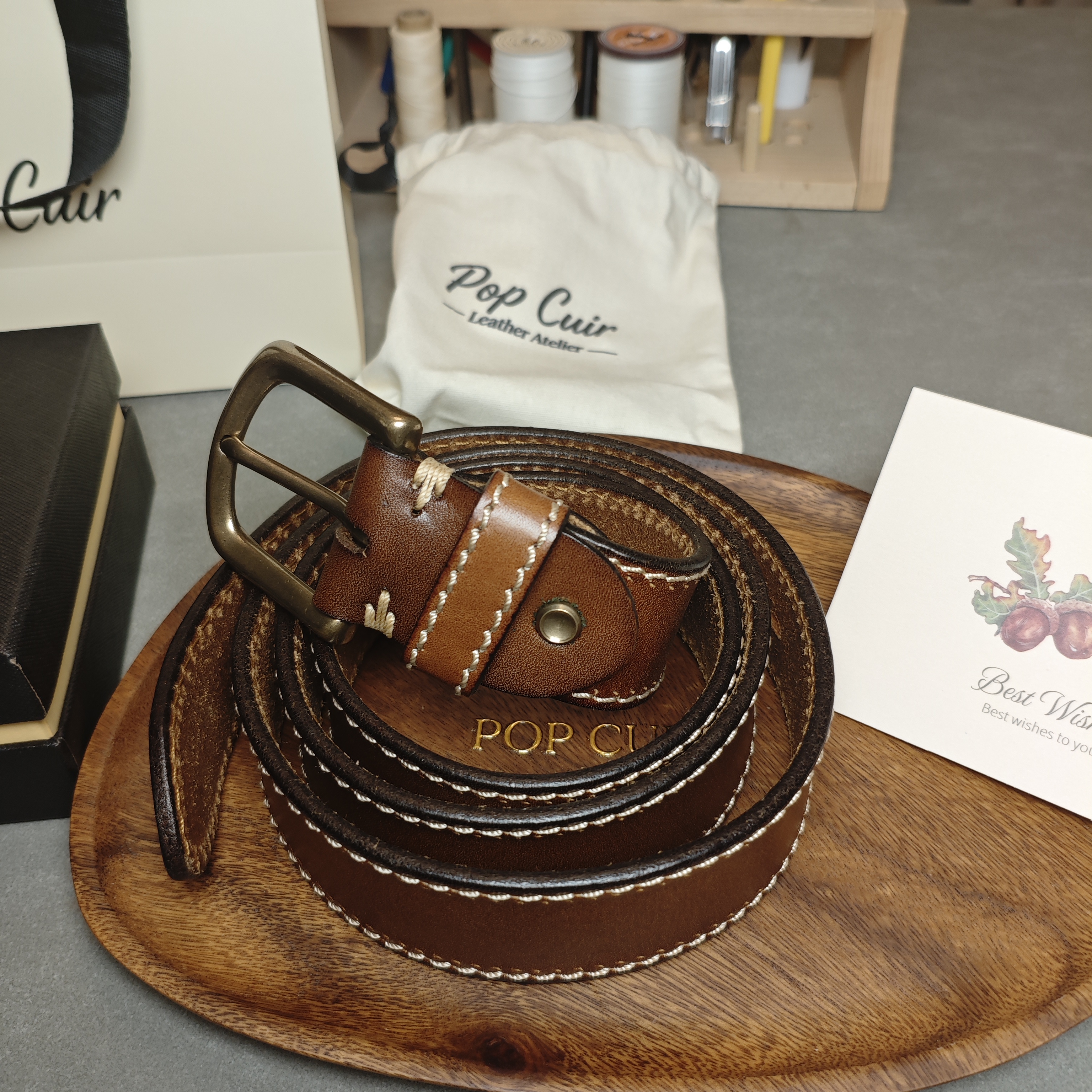 Full-Grain Leather Belt with Antique Brass Buckle — Handcrafted Vintage Style, Contrast Stitching