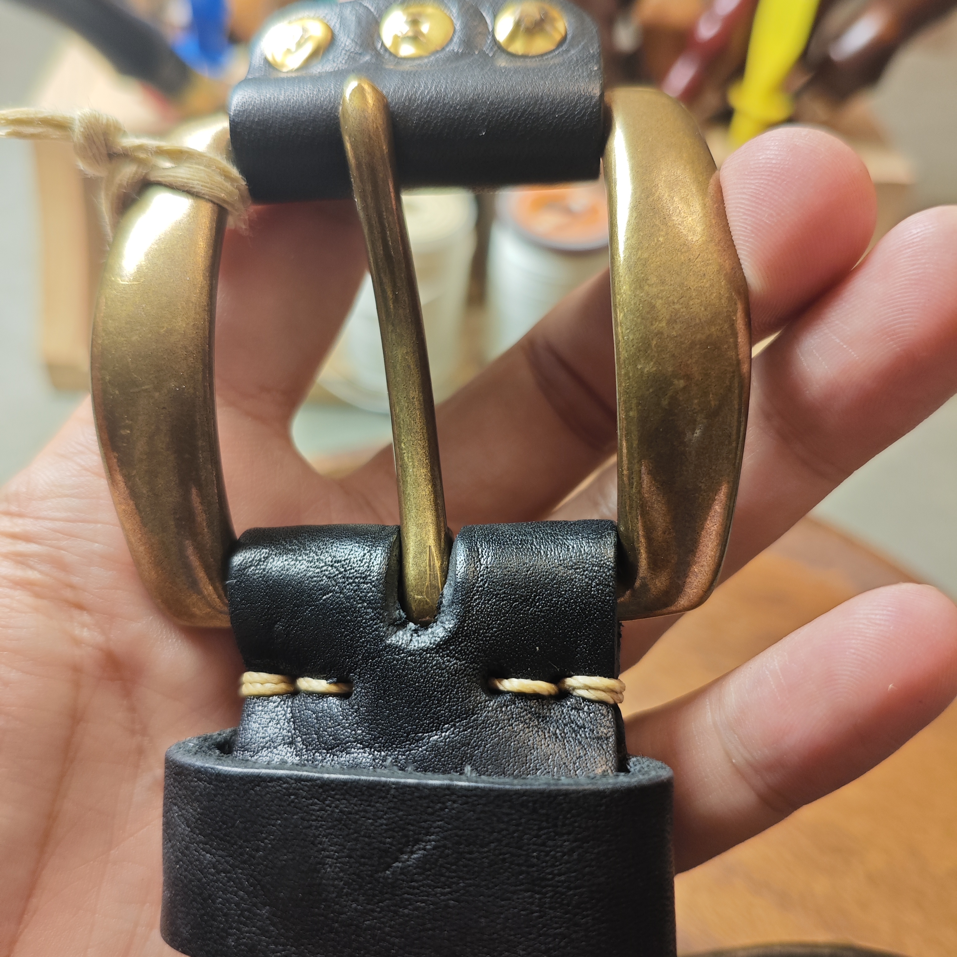   Punk Studded Leather Belt — Double-Row Brass Rivets