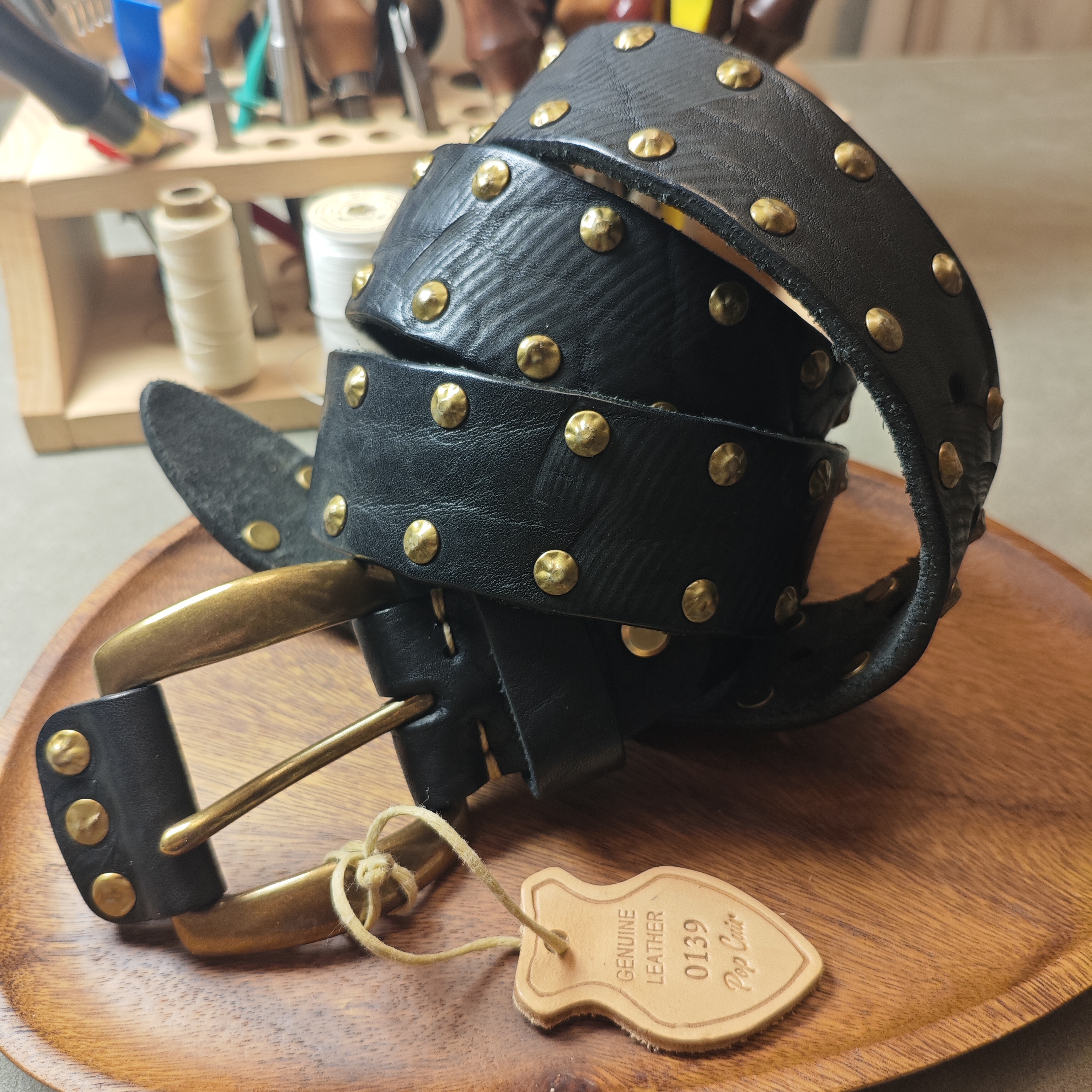   Punk Studded Leather Belt — Double-Row Brass Rivets
