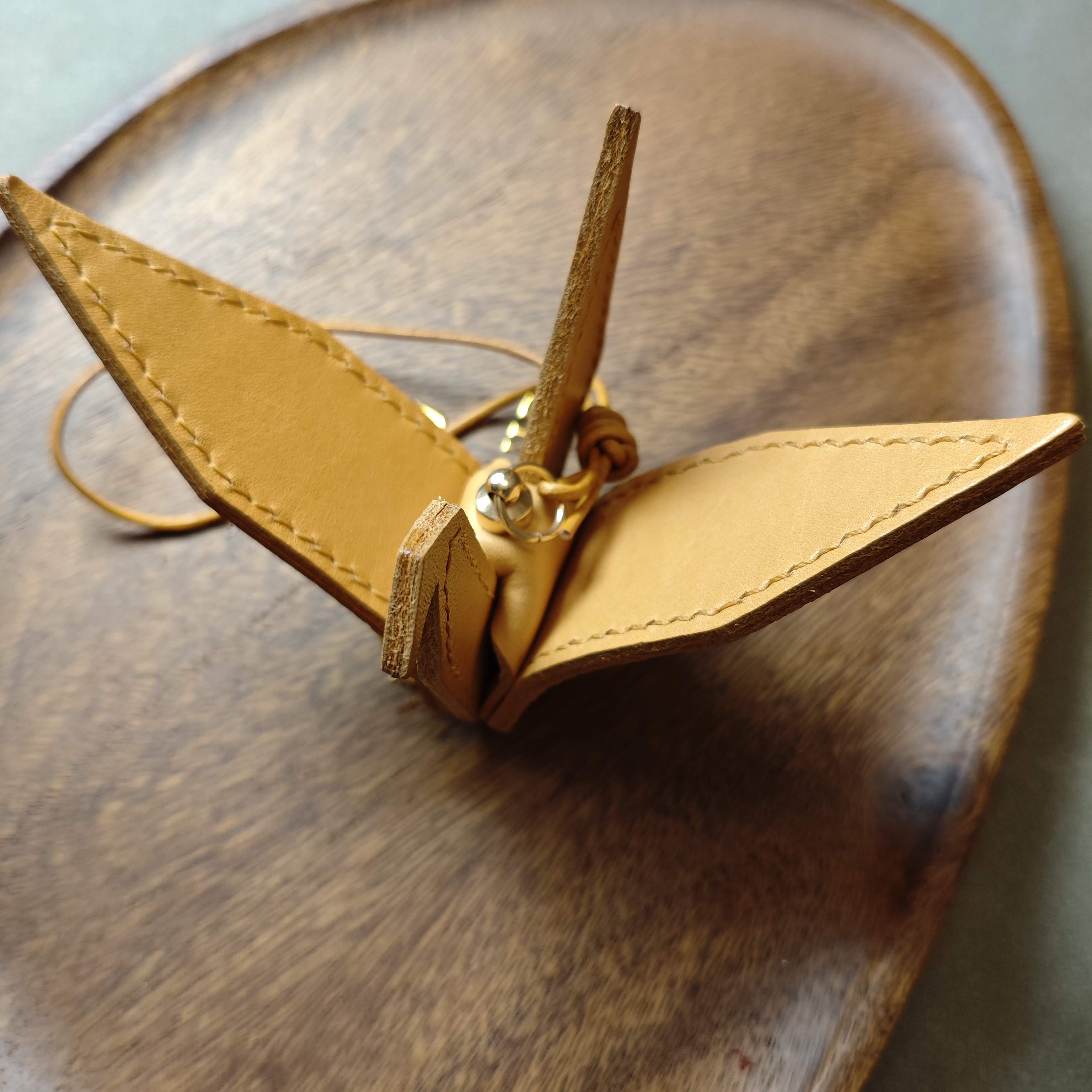 Italian Veg-Tan Leather Origami Crane Keychain — Handmade Peace Charm