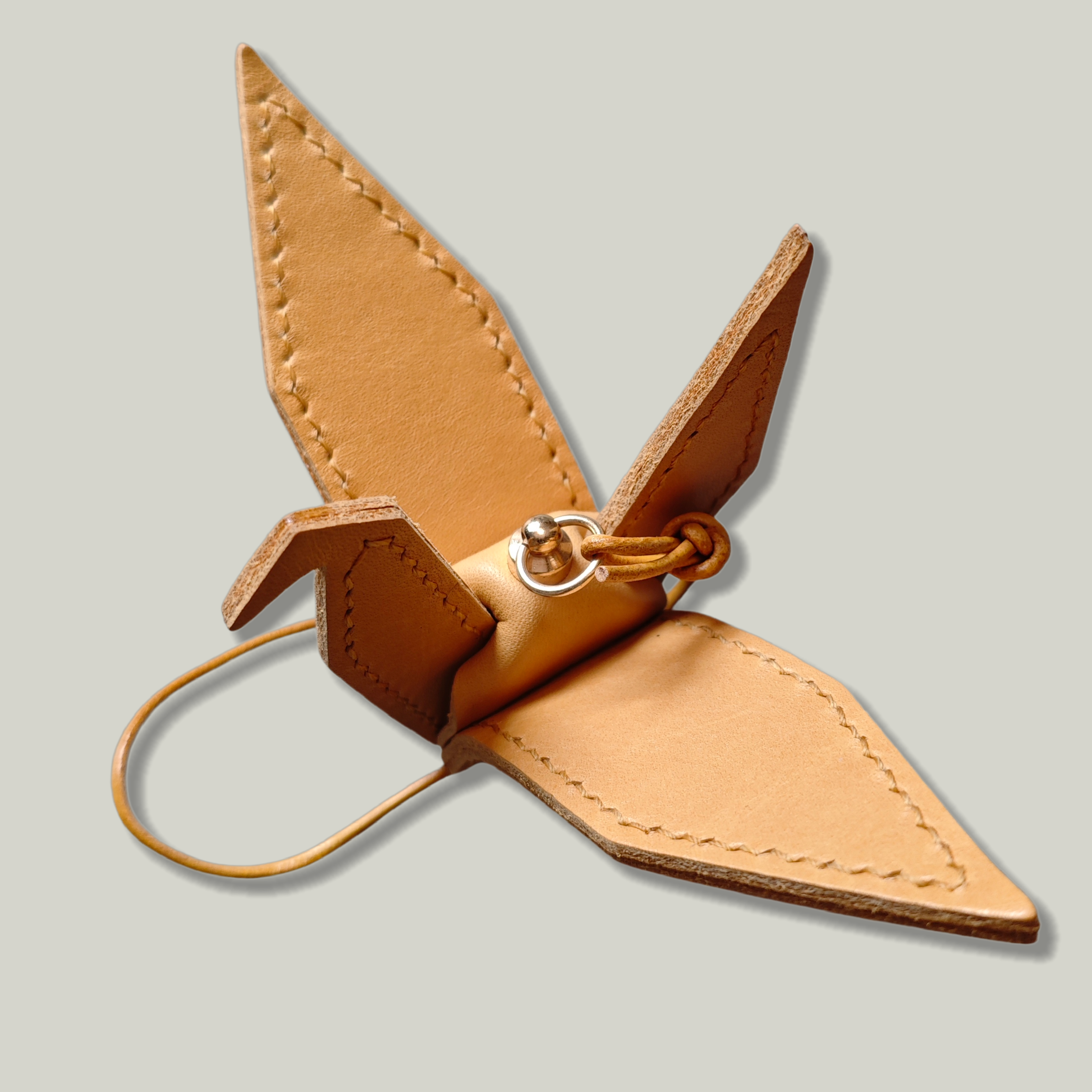 Italian Veg-Tan Leather Origami Crane Keychain — Handmade Peace Charm