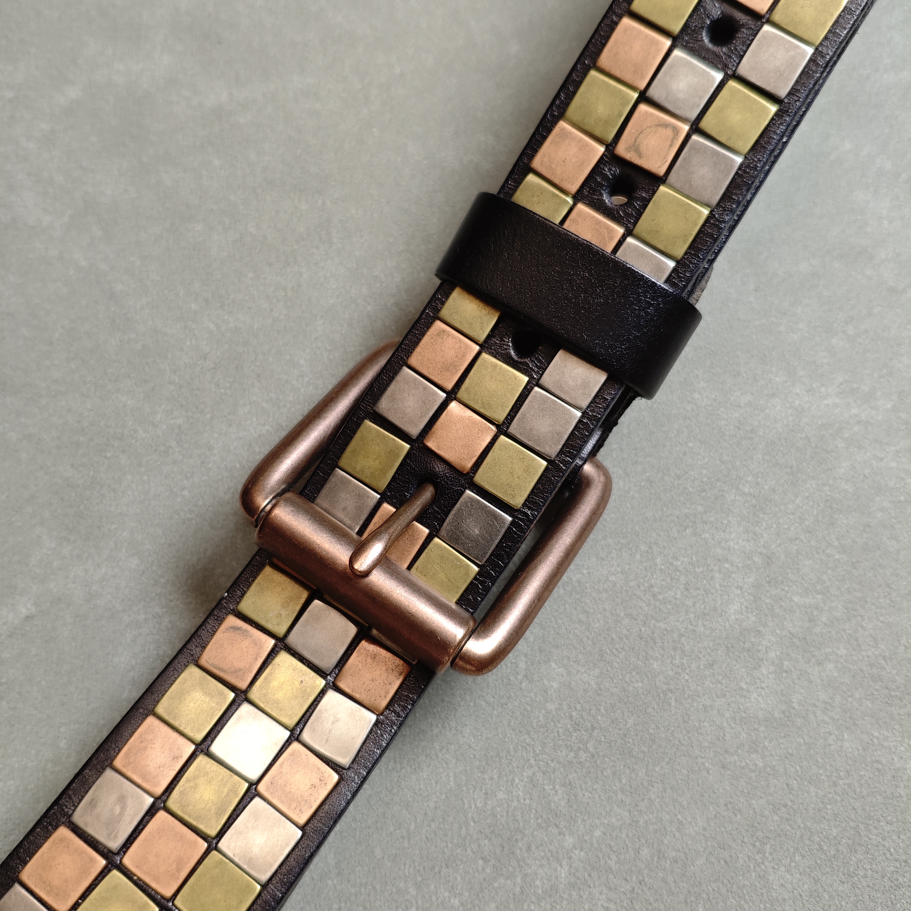 Western Mosaic Leather Belt — Hand-Set Metal Studs, Antique Buckle