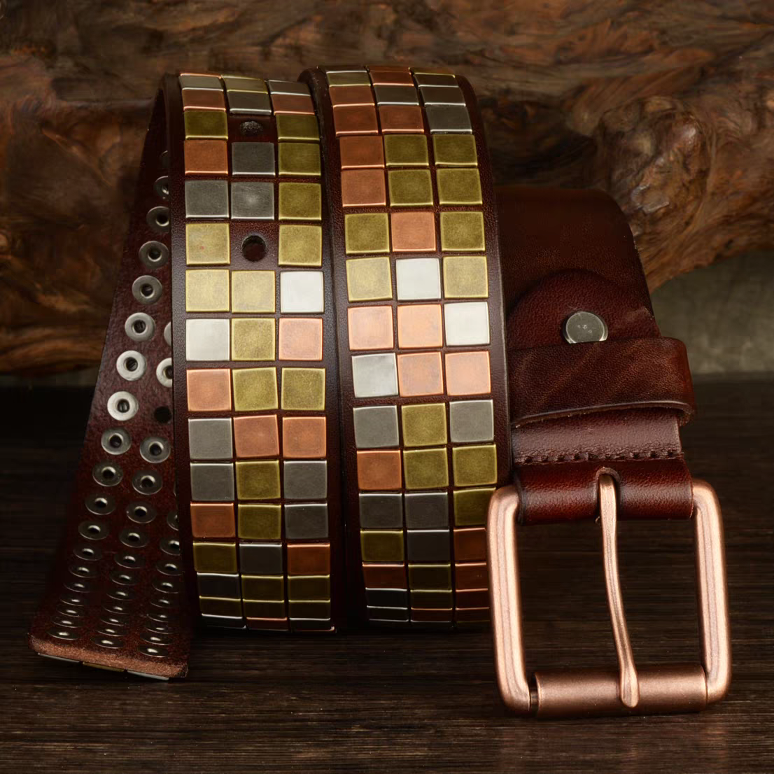 Western mosaic leather belt with hand-set multi-tone metal studs and antique pin buckle