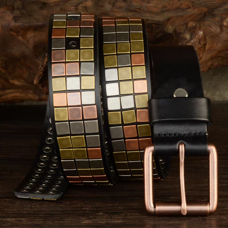 Western Mosaic Leather Belt — Hand-Set Metal Studs, Antique Buckle