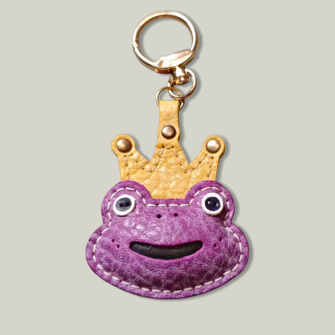 Handmade Waxy Veg-Tan Leather Frog Prince Keychain — Crown Detail, Hand-Stitched