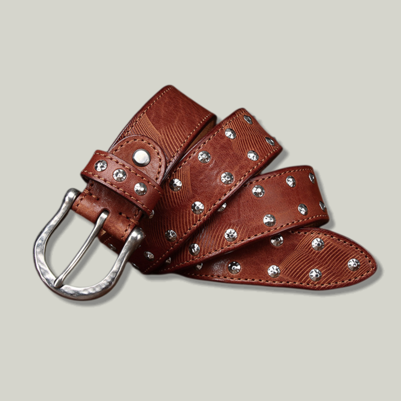 Western Studded Leather Belt — Full-Grain Cowhide, Hand-Set Silver Alloy Studs