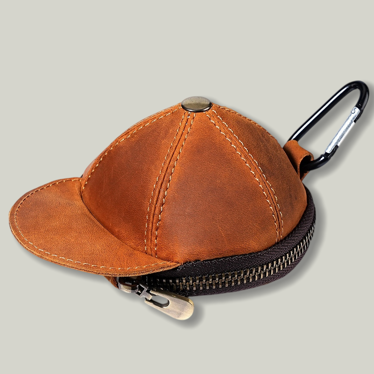  Handmade Leather Baseball Cap Coin Pouch — Crazy Horse Leather, Carabiner Clip