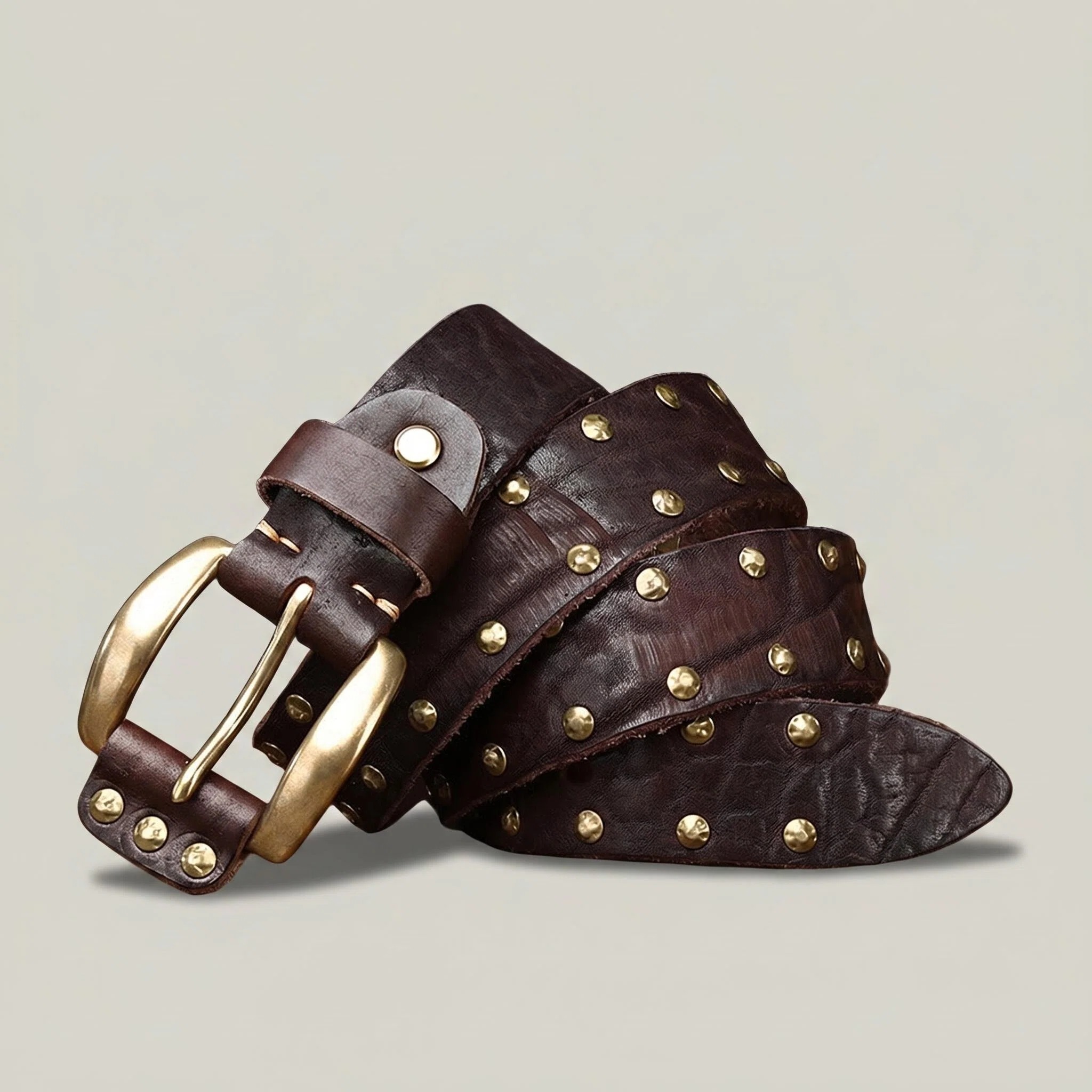   Punk Studded Leather Belt — Double-Row Brass Rivets