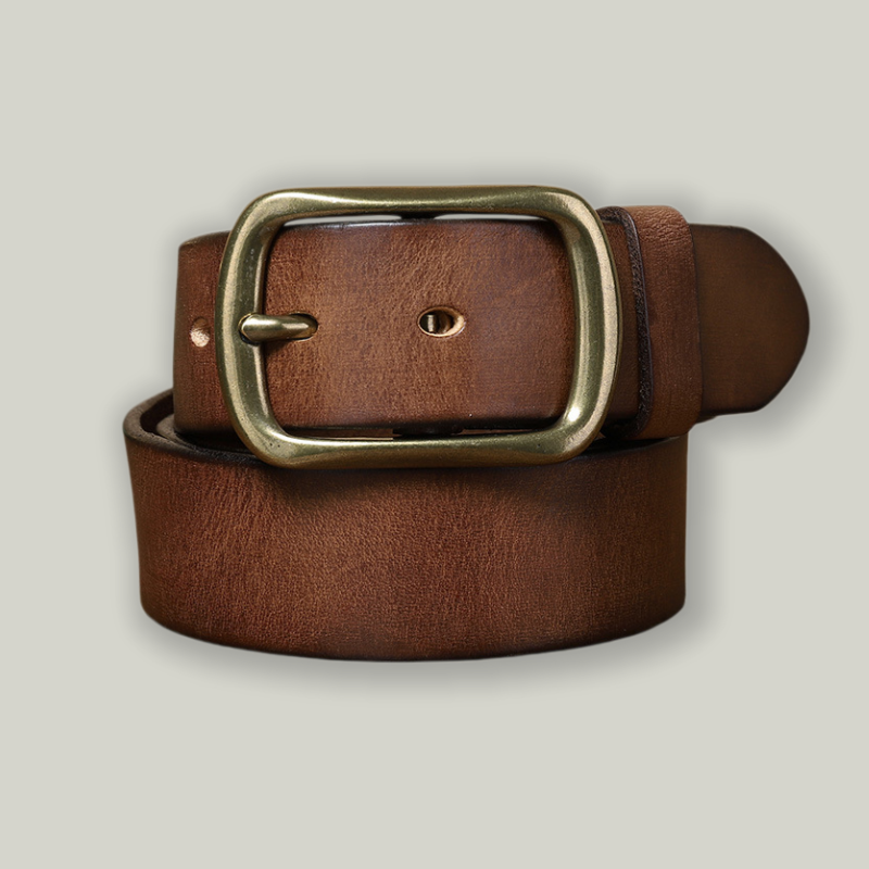 Vintage Hand Rubbed Leather Belt Men, Brass Pin Buckle Genuine Cowhide Waist Belt
