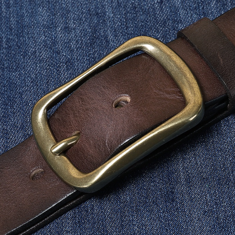 Vintage Hand Rubbed Leather Belt Men, Brass Pin Buckle Genuine Cowhide Waist Belt
