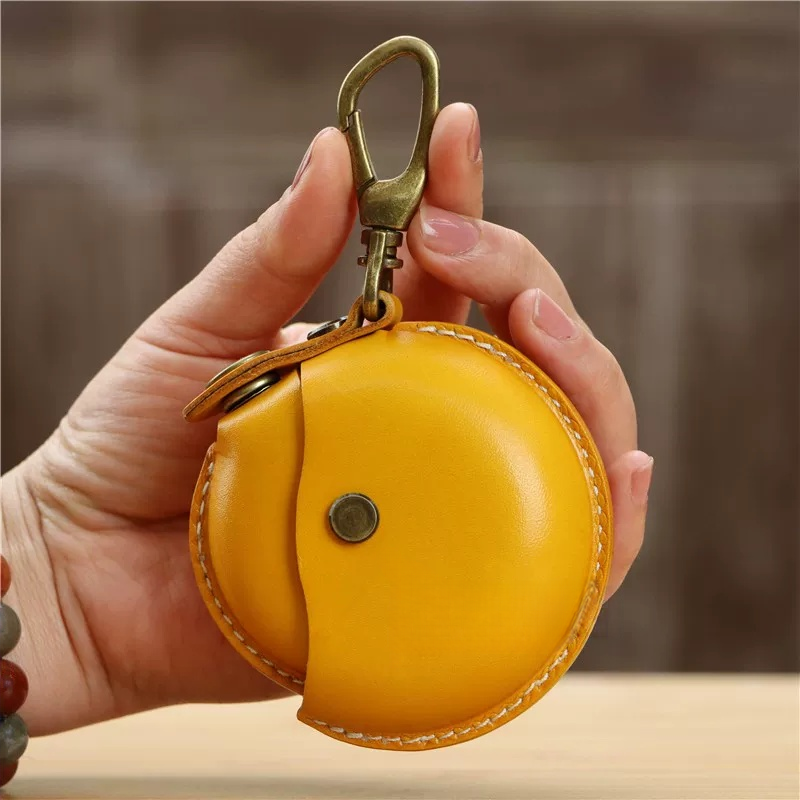 Handmade Veg-Tanned Leather AirPods Case & Coin Purse - Minimalist EDC Keychain Pouch with Solid Brass Clip
