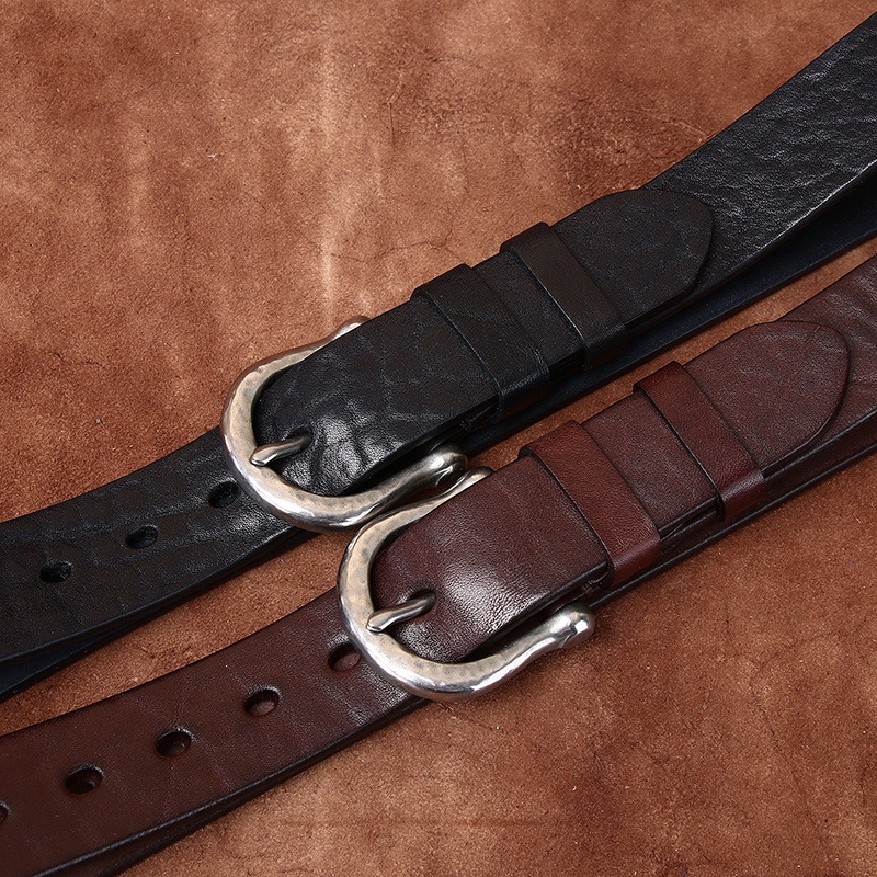 Vintage Full-Grain Leather Belt with Horseshoe Buckle - Dark Brown
