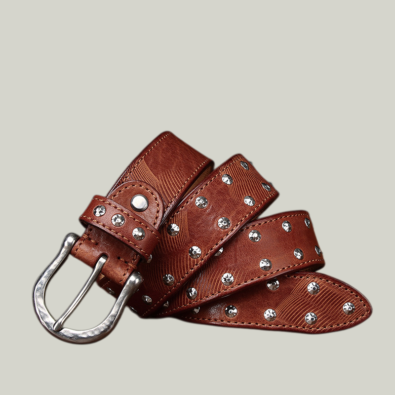 Western Studded Leather Belt — Full-Grain Cowhide, Hand-Set Silver Alloy Studs