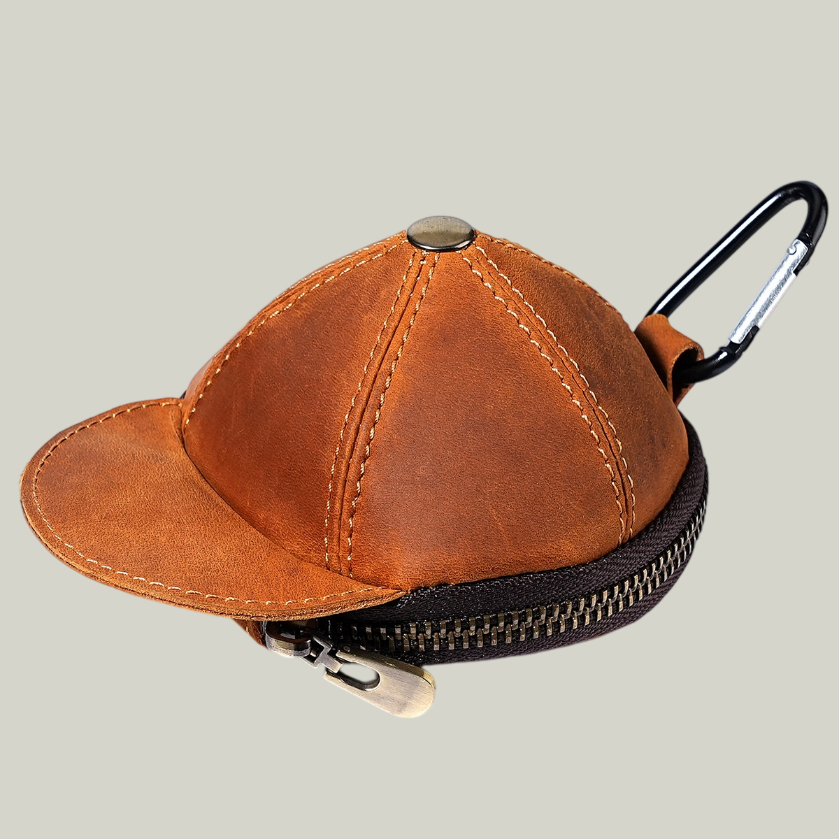  Handmade Leather Baseball Cap Coin Pouch — Crazy Horse Leather, Carabiner Clip