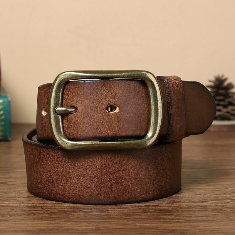 Vintage Hand Rubbed Leather Belt Men, Brass Pin Buckle Genuine Cowhide Waist Belt