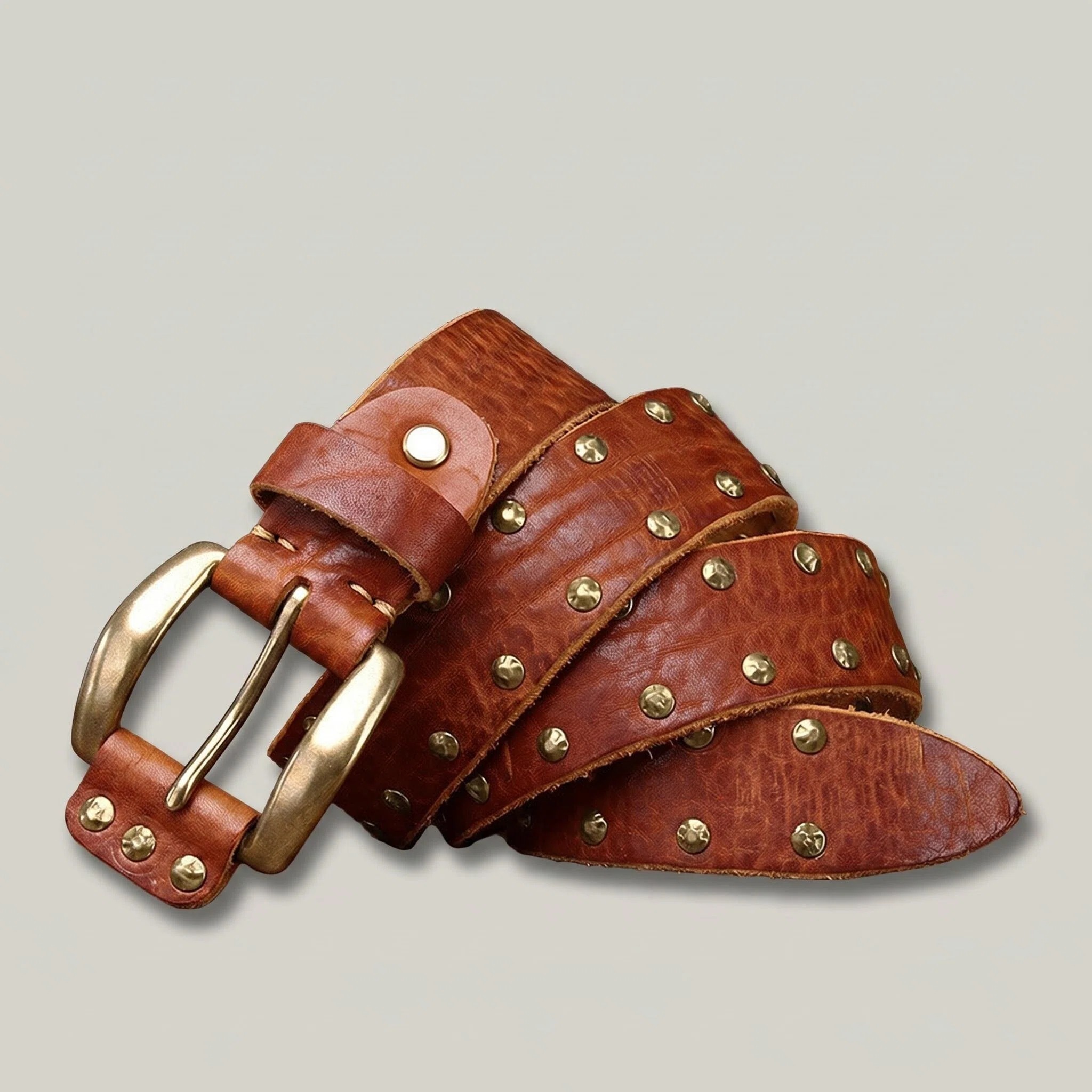   Punk Studded Leather Belt — Double-Row Brass Rivets