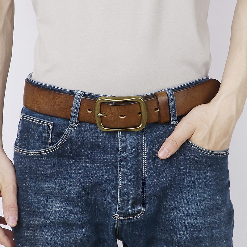 Vintage Hand Rubbed Leather Belt Men, Brass Pin Buckle Genuine Cowhide Waist Belt